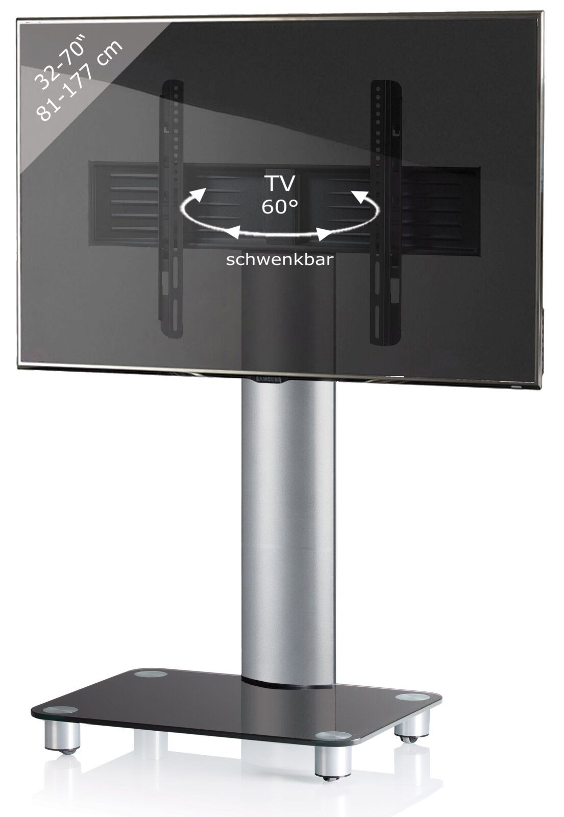Schwenkbarer TV-Standfuß mit silberner Säule und schwarzer Glasbodenplatte, geeignet für 32–70 Zoll (81–177 cm) Fernseher, Frontansicht.