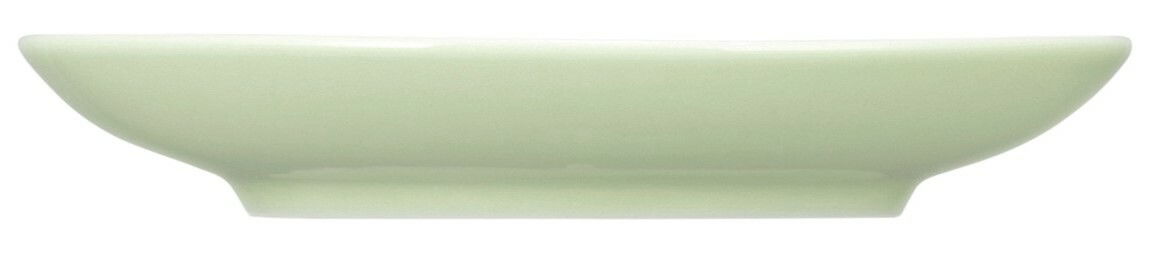 Seitliche Ansicht einer kleinen, flachen, hellgrünen Kombi-Untertasse mit einem Durchmesser von 12 cm.