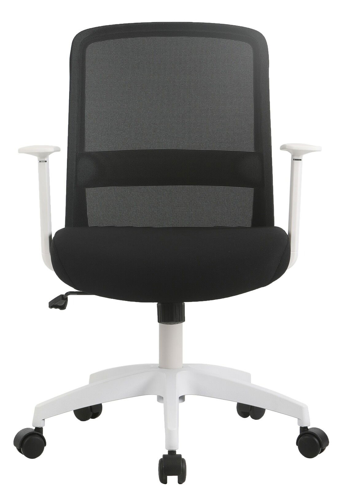 Moderner Drehstuhl mit schwarzer Netzrückenlehne und weißen Armlehnen, Frontalansicht