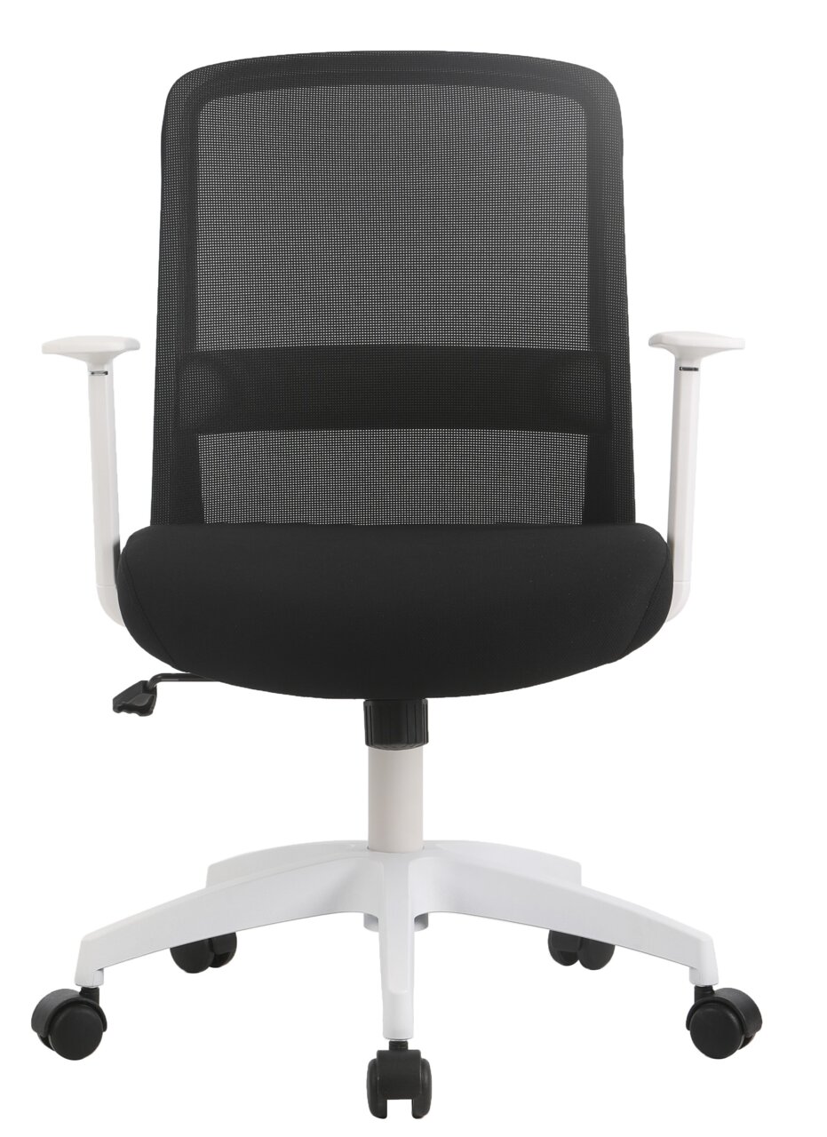Moderner Drehstuhl mit schwarzer Netzrückenlehne und weißen Armlehnen, Frontalansicht