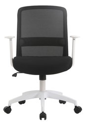 Moderner Drehstuhl mit schwarzer Netzrückenlehne und weißen Armlehnen, Frontalansicht