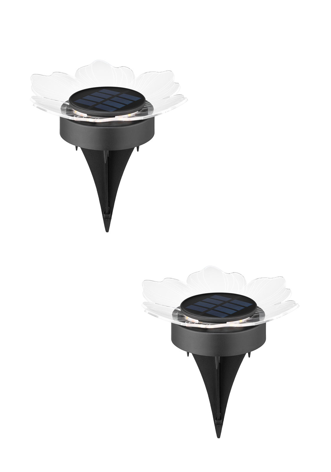 Zwei solarbetriebene Gartenleuchten in Blütenform mit transparenten Blättern und schwarzem Solarpanel, seitliche Perspektive.
