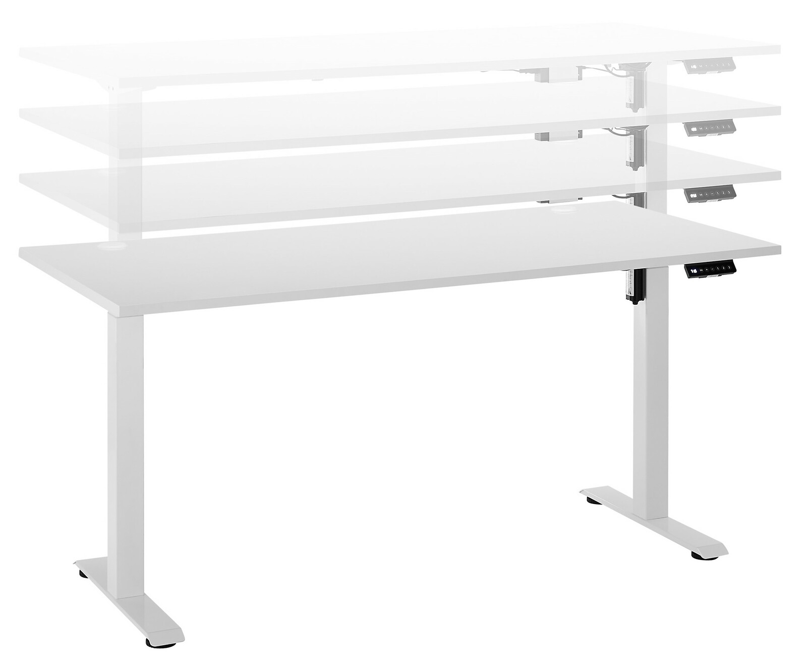 Höhenverstellbarer E-Schreibtisch in seitlicher Perspektive