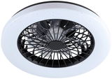 Moderner Deckenventilator mit schwarzem Gitter und weißen Akzenten, Ansicht von unten.