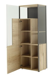 Highboard aus Holz mit offenen und geschlossenen Fächern, Tür geöffnet, seitliche Perspektive