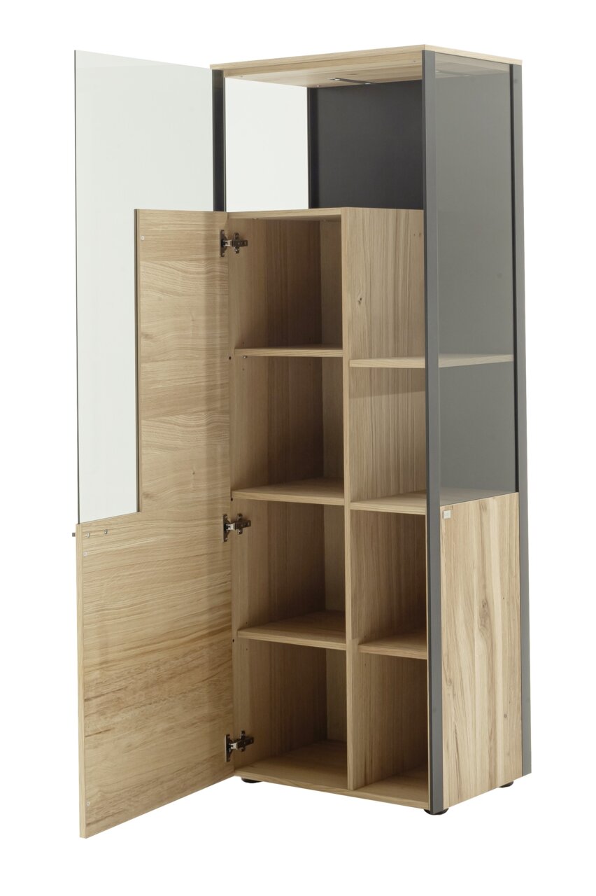 Houten hoogkast met open en gesloten vakken, deur open, zijaanzicht