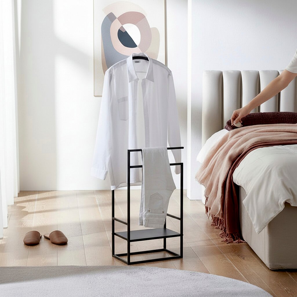 Schwarzer, minimalistischer Kleiderständer mit Ablage und Handtuchstange im Schlafzimmer, mit weißem Hemd auf Bügel und gefalteter Hose; Perspektive: frontale Aufnahme auf Bodenhöhe in leichtem Weitwinkel.