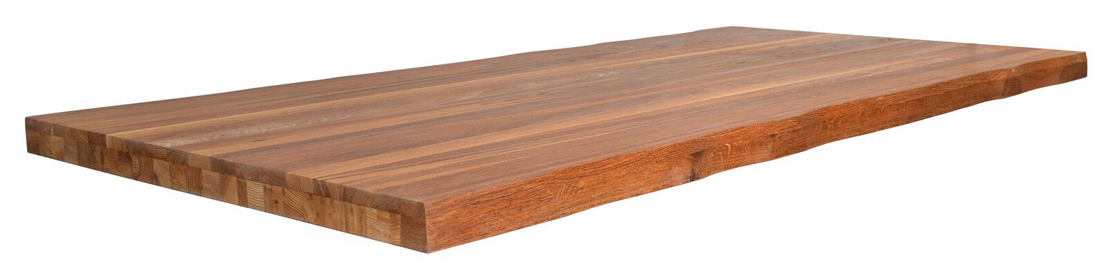 Massive Holz-Tischplatte in rechteckiger Form, 220x100 cm, mit natürlicher Holzmaserung und rustikaler Kante, seitliche Perspektive