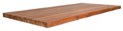 Massive Holz-Tischplatte in rechteckiger Form, 220x100 cm, mit natürlicher Holzmaserung und rustikaler Kante, seitliche Perspektive