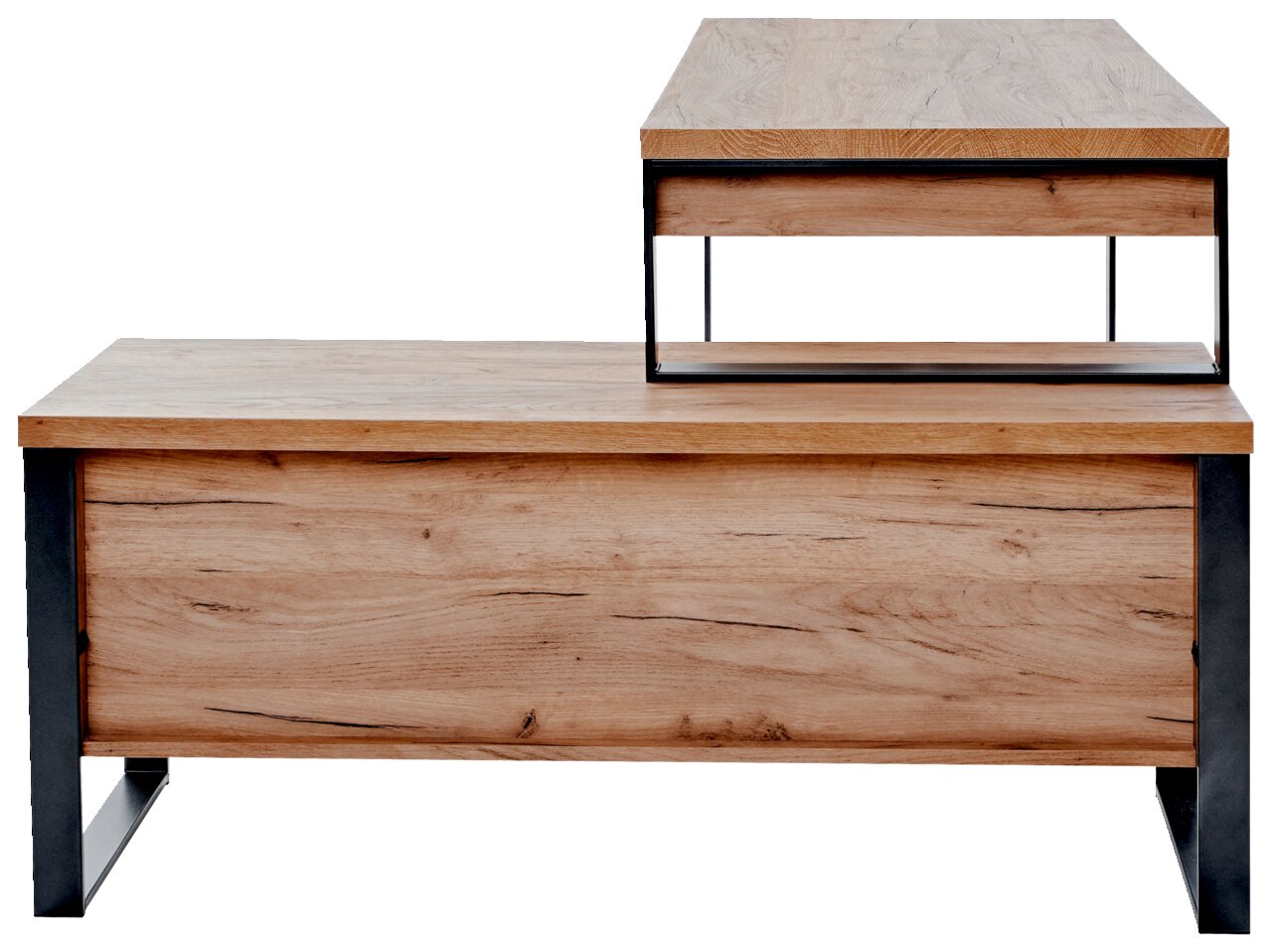 Houten hoekbureau met metalen frame, vooraanzicht