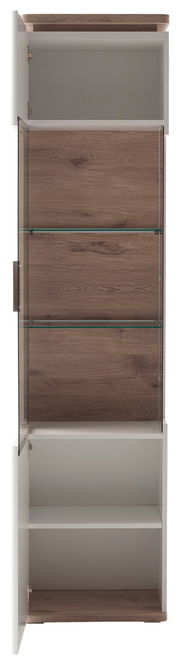 Vitrine mit Holz- und Glaselementen, offene Türen, frontale Ansicht