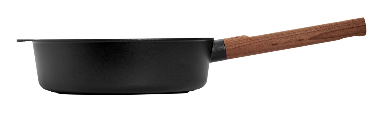 Gietijzeren koekenpan met hoge rand, 24 cm, met houten handvat, zijaanzicht