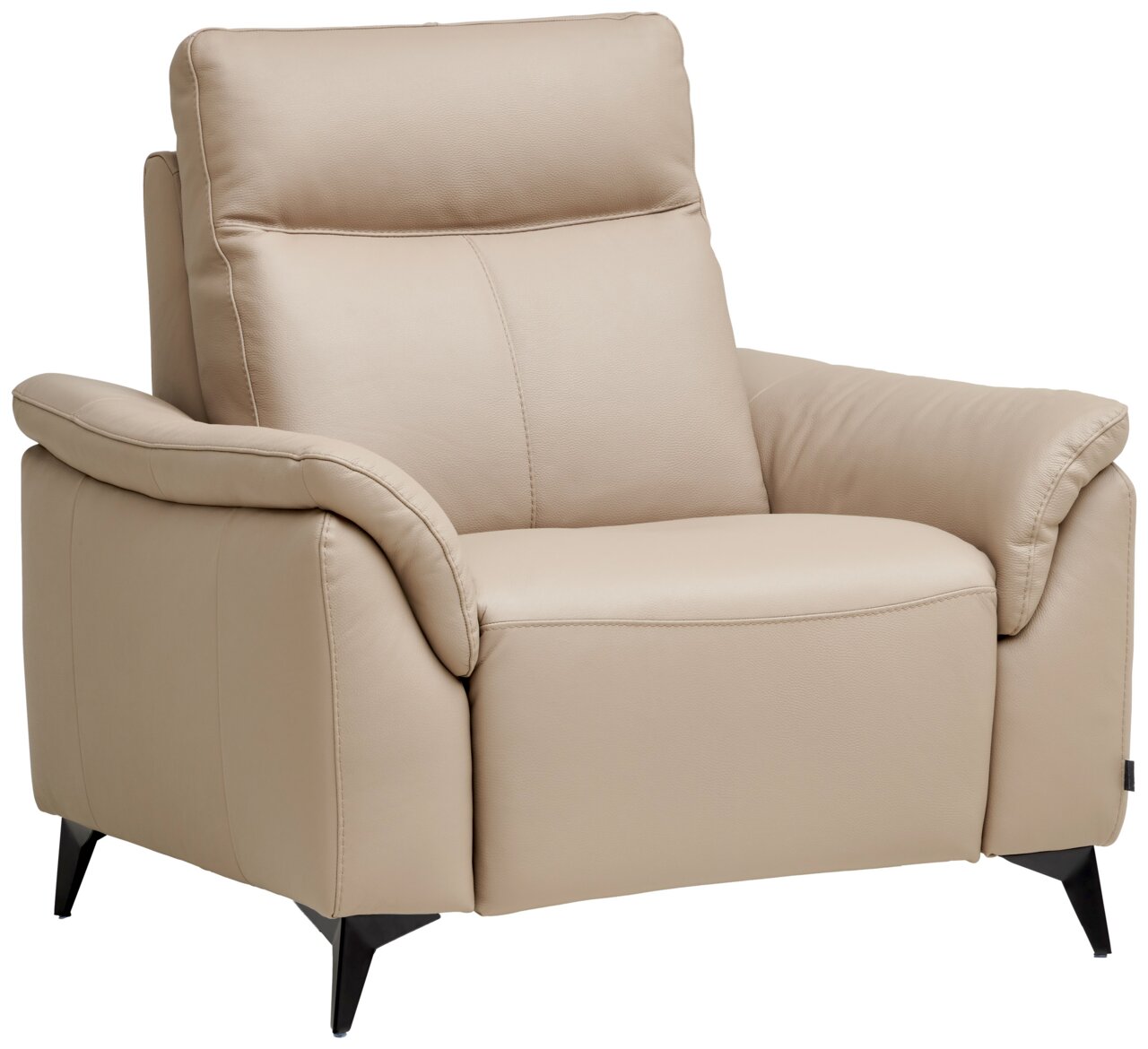 Beiger Ledersessel mit schwarzen Füßen, seitliche Perspektive