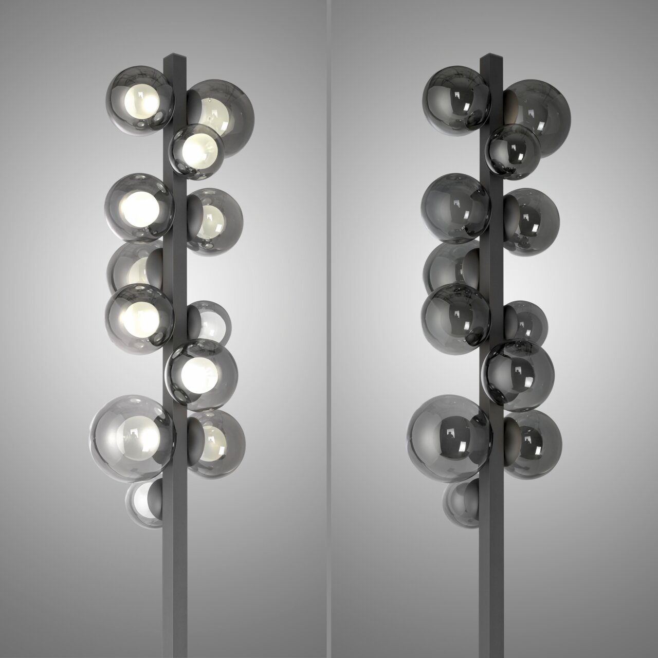 Moderne led-staande lamp met meerdere bolvormige lampen, zijaanzicht