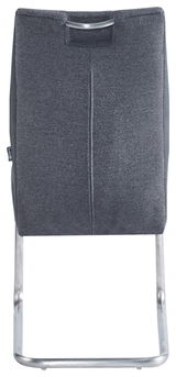 Rückansicht eines modernen Schwingstuhls mit grauem Stoffbezug und Metallgestell.