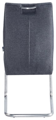 Rückansicht eines modernen Schwingstuhls mit grauem Stoffbezug und Metallgestell.