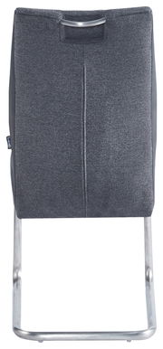 Rückansicht eines modernen Schwingstuhls mit grauem Stoffbezug und Metallgestell.