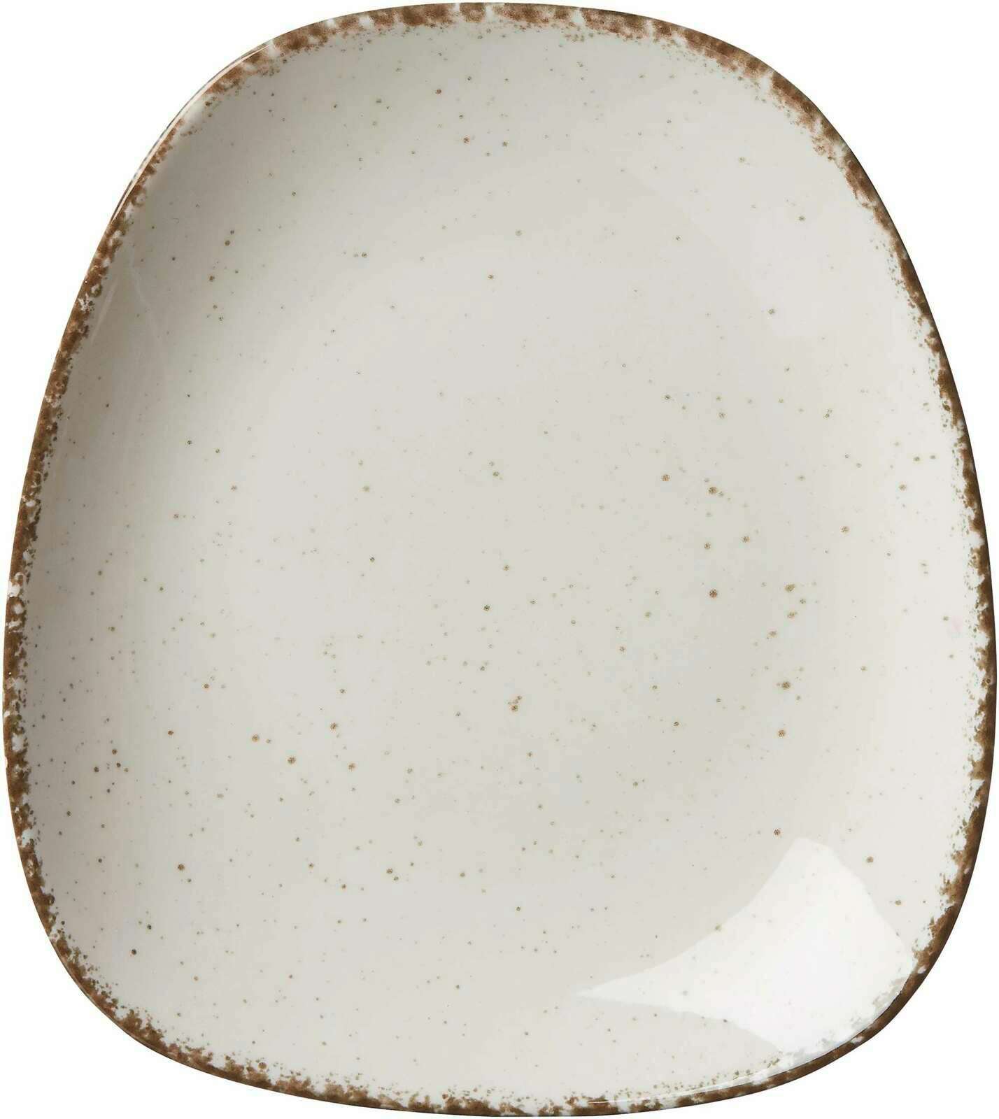 Dessertteller 22,5x20cm beige mit unregelmäßiger Form und gesprenkeltem Rand, Draufsicht