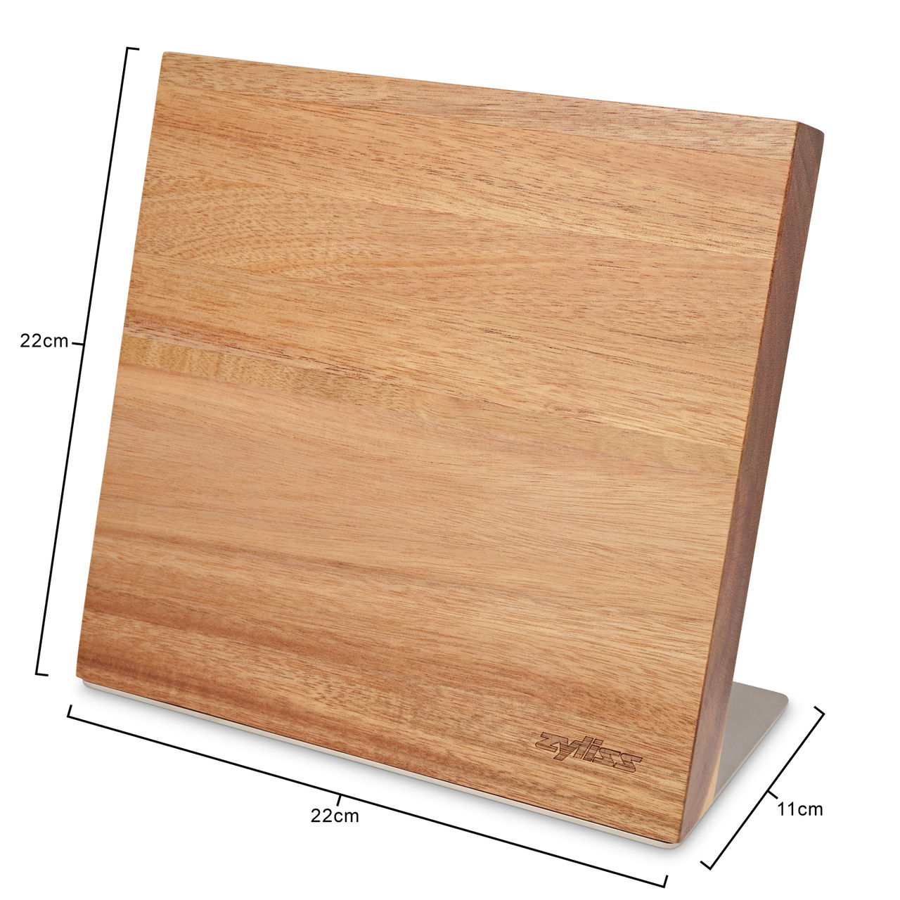 Magnetischer Messerblock aus Holz, seitliche Perspektive, 22 cm hoch, 22 cm breit, 11 cm tief.