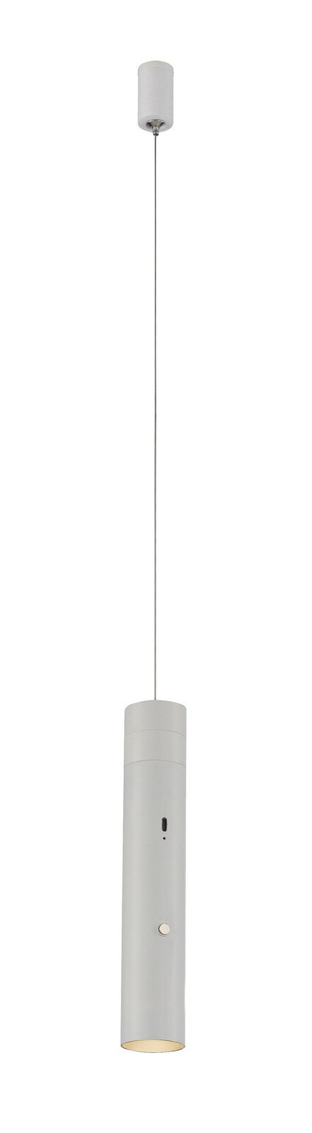 Moderne Akku-Pendelleuchte in zylindrischer Form, von der Seite betrachtet, mit schlichtem Design und neutraler Farbgebung.