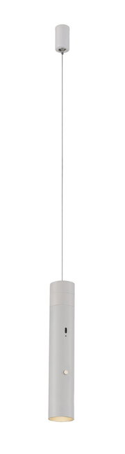 Moderne Akku-Pendelleuchte in zylindrischer Form, von der Seite betrachtet, mit schlichtem Design und neutraler Farbgebung.
