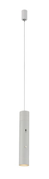 Moderne Akku-Pendelleuchte in zylindrischer Form, von der Seite betrachtet, mit schlichtem Design und neutraler Farbgebung.