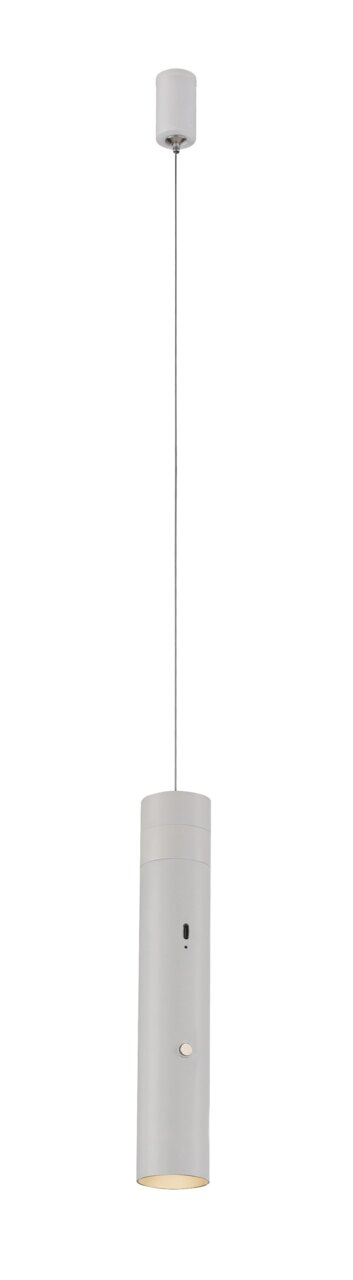 Moderne Akku-Pendelleuchte in zylindrischer Form, von der Seite betrachtet, mit schlichtem Design und neutraler Farbgebung.