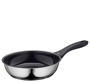 Bratpfanne aus Edelstahl mit schwarzem Griff, seitliche Perspektive