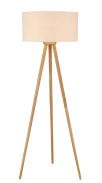 Stehleuchte mit dreibeinigem Holzgestell und rundem, weißem Lampenschirm, frontal abgebildet.