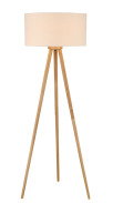 Stehleuchte mit dreibeinigem Holzgestell und rundem, weißem Lampenschirm, frontal abgebildet.