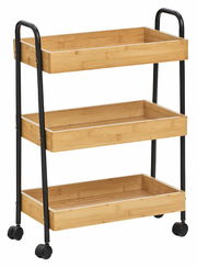 Rollwagen aus Holz mit drei Ebenen und schwarzen Metallgriffen, seitliche Perspektive