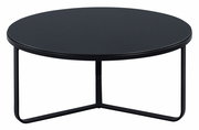 Runder schwarzer Couchtisch mit Metallgestell, seitliche Perspektive