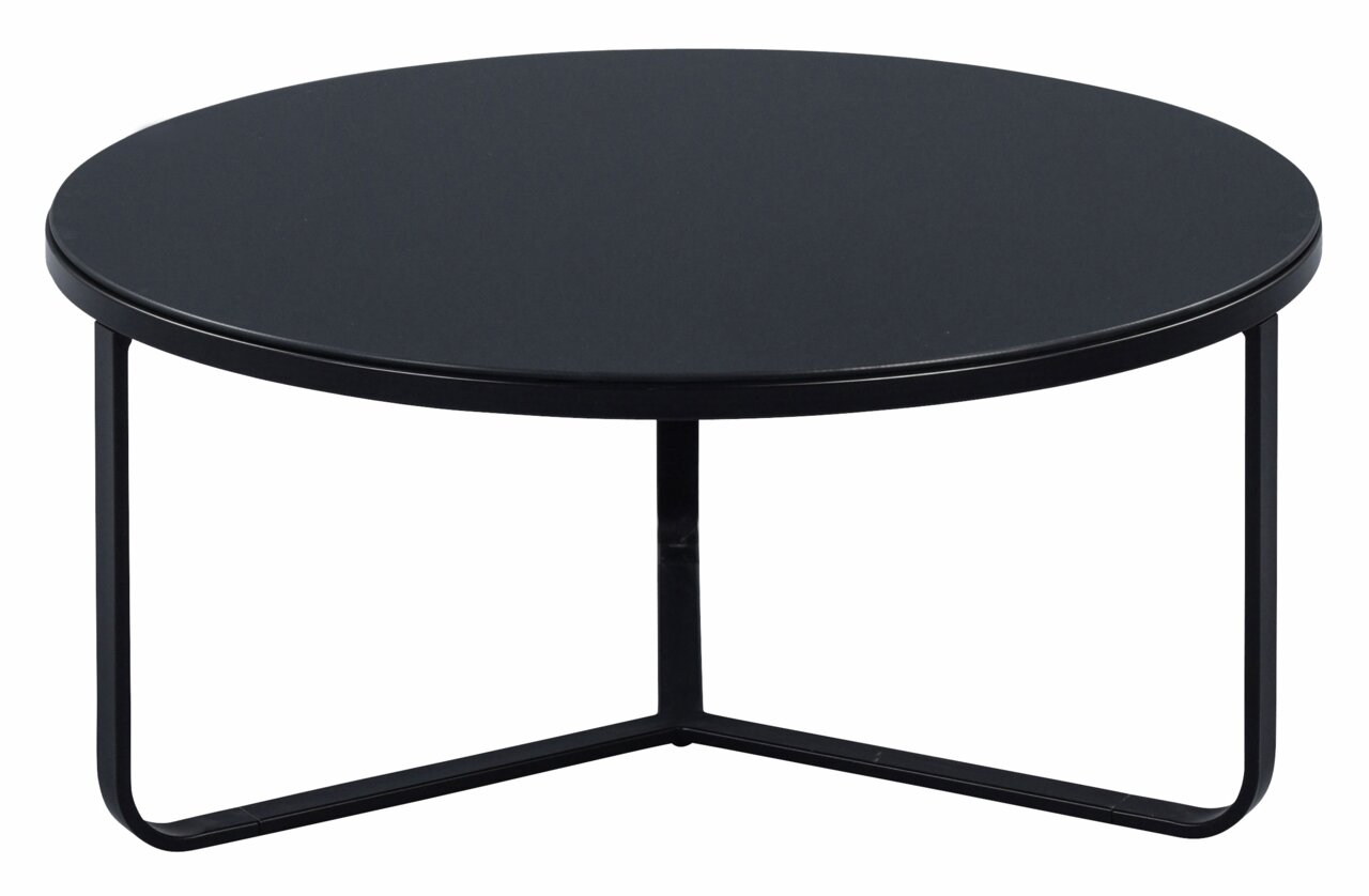 Runder schwarzer Couchtisch mit Metallgestell, seitliche Perspektive