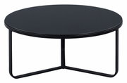 Runder schwarzer Couchtisch mit Metallgestell, seitliche Perspektive