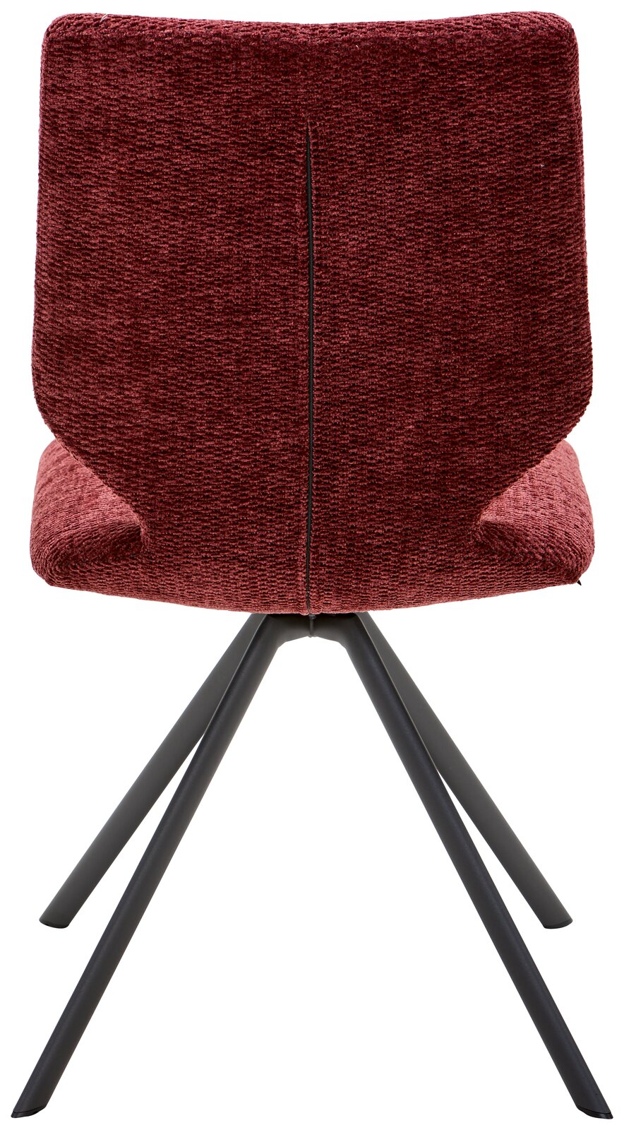 Venjakob Stuhl ARTHUR Rückansicht eines modernen Stuhls mit weinrotem Stoffbezug und schwarzen Metallbeinen.