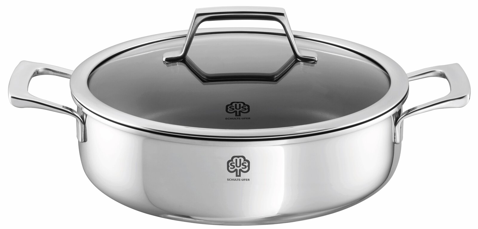 Schulte-Ufer Schmortopf 24 cm QUASAR Edelstahl-Bräter mit Glasdeckel und zwei seitlichen Griffen, Schulte-Ufer Logo, freigestellt auf weißem Hintergrund, Ansicht schräg von vorne/oben