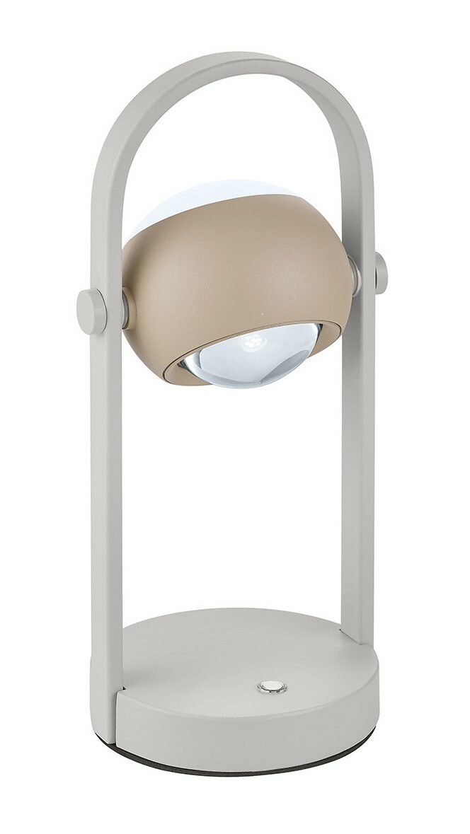 Moderne Akku-Tischleuchte in Beige und Grau, seitliche Perspektive