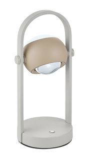 Moderne Akku-Tischleuchte in Beige und Grau, seitliche Perspektive