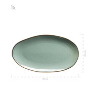 Ovaler Keramikteller in hellblauer Glasur mit braunem Rand, ca. 28 x 15,5 cm, Draufsicht von oben auf weißem Hintergrund