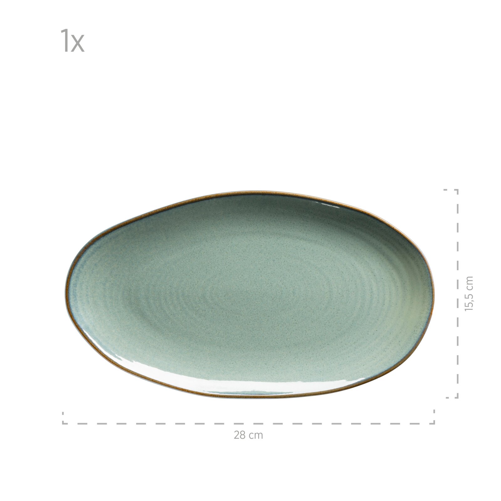 Ovaler Keramikteller in hellblauer Glasur mit braunem Rand, ca. 28 x 15,5 cm, Draufsicht von oben auf weißem Hintergrund