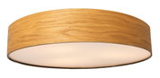 Ronde plafondlamp van hout met witte lichtverspreider, zijaanzicht