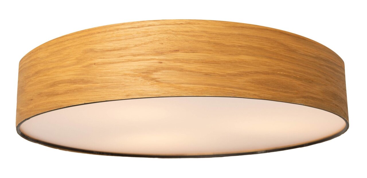 Ronde plafondlamp van hout met witte lichtverspreider, zijaanzicht