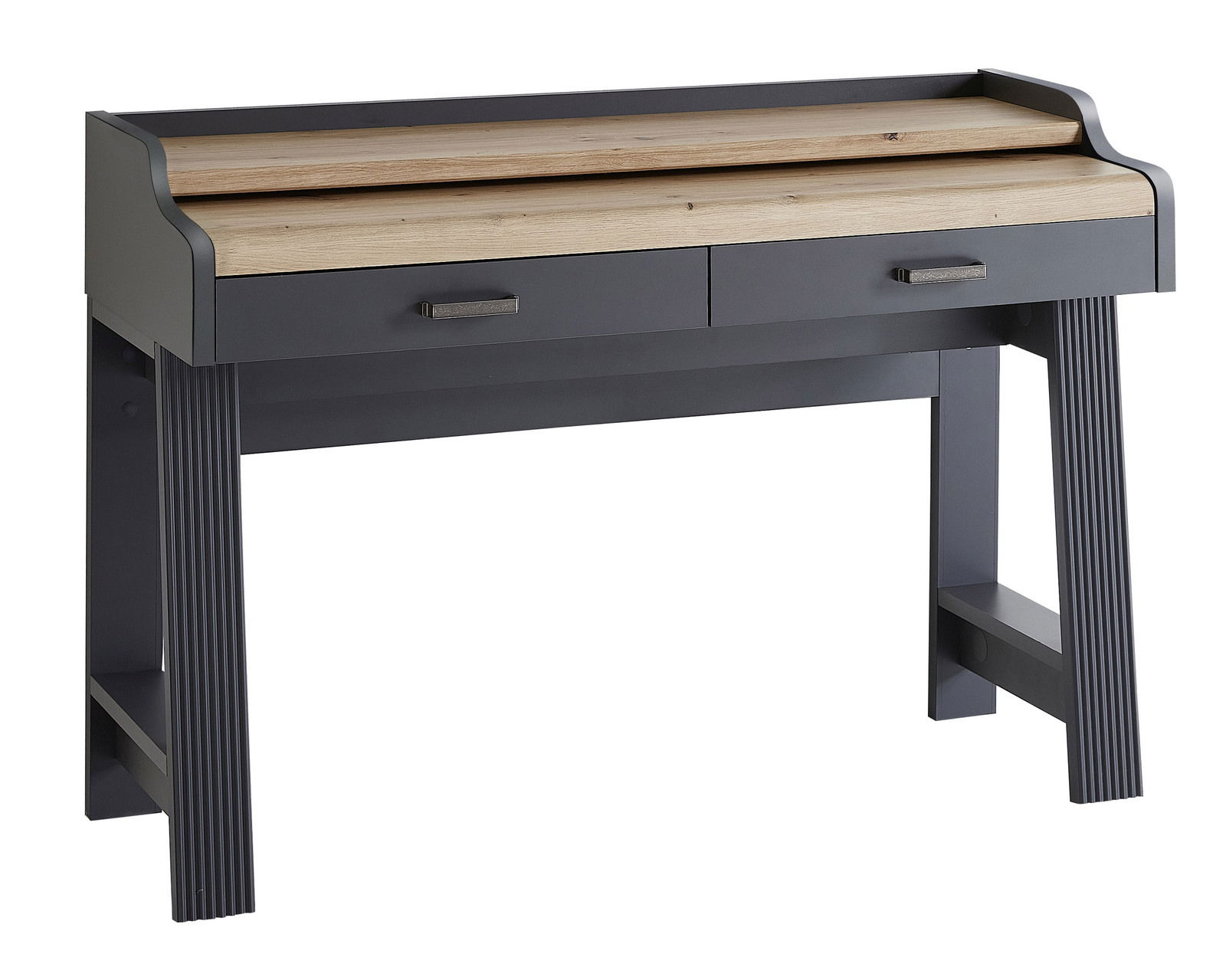 Landscape Sekretär JUDITH Moderner Sekretär mit zwei Schubladen, grauer Rahmen und Holzoberfläche, Frontalansicht