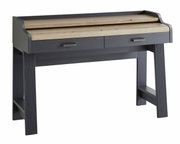 Moderne secretaire met twee lades, grijs frame en houten afwerking, vooraanzicht