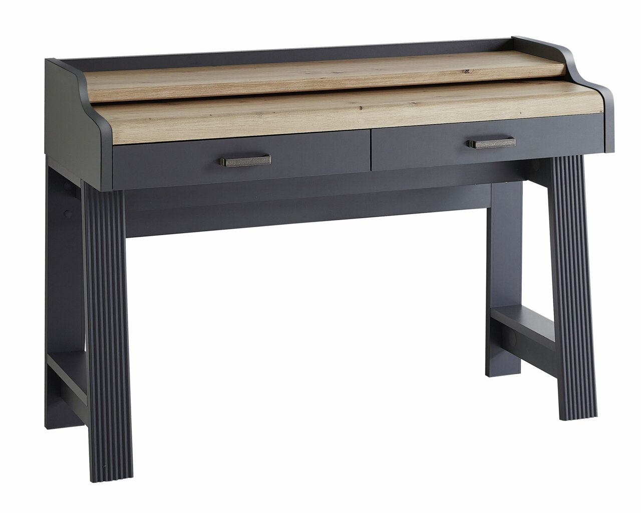 Moderne secretaire met twee lades, grijs frame en houten afwerking, vooraanzicht