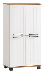 Weißes Highboard mit vier Türen, schwarzen Griffen und Holzdetails, frontale Ansicht