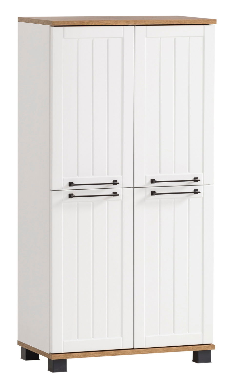 Weißes Highboard mit vier Türen, schwarzen Griffen und Holzdetails, frontale Ansicht