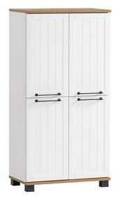 Weißes Highboard mit vier Türen, schwarzen Griffen und Holzdetails, frontale Ansicht