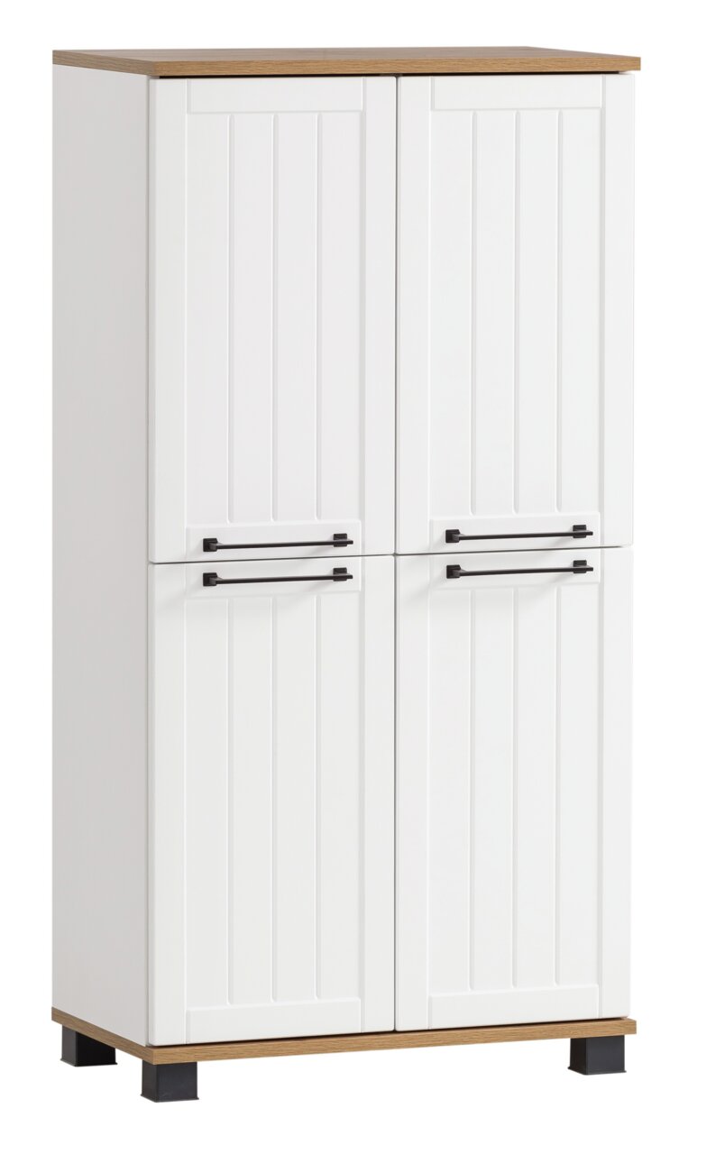 Weißes Highboard mit vier Türen, schwarzen Griffen und Holzdetails, frontale Ansicht