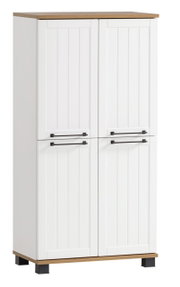 Weißes Highboard mit vier Türen, schwarzen Griffen und Holzdetails, frontale Ansicht